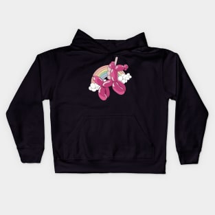 A light and dark pink unicorn balloon with a ballon rainbow and balloon clouds behind it. Kids Hoodie